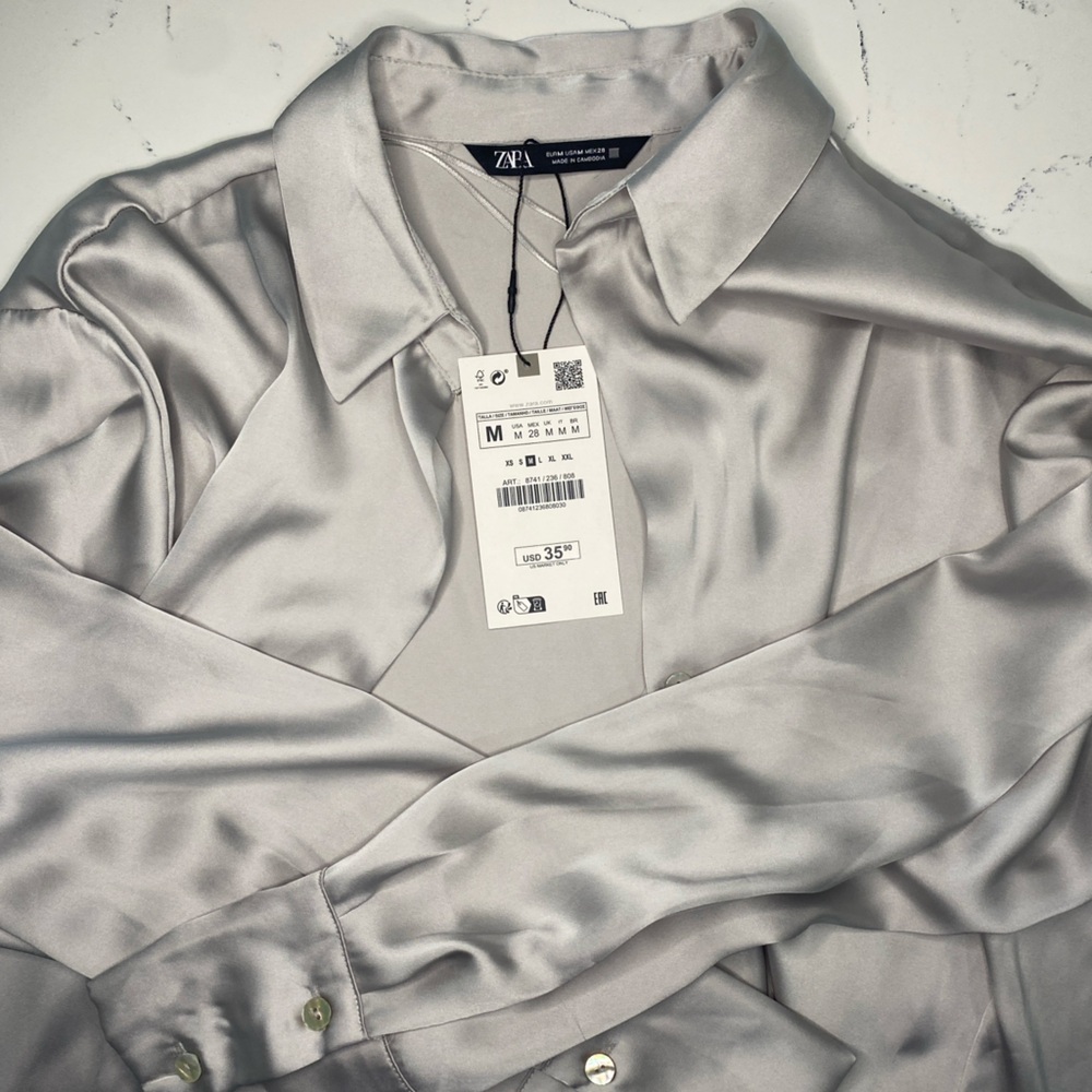 Zara Shimmering Satin Top in Light Gray